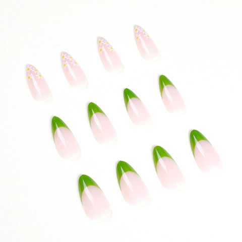 Unghie Finte French Punte Verdi Con Stampa Di Margherite Bianche Forma A Mandorla Base Rosa Nude