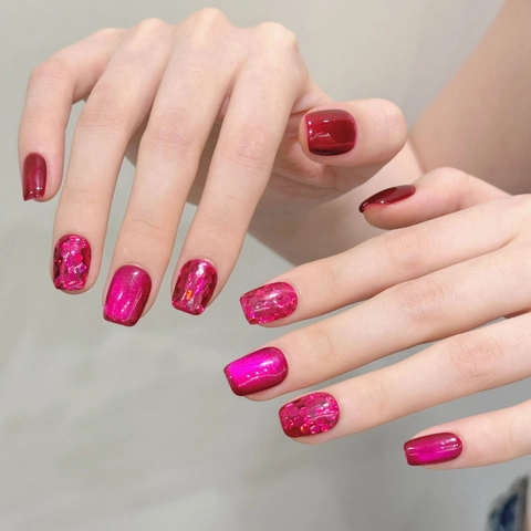 Magenta Dragon Fruit Cat Eye Press On Nails Short Square Oval Glitter Sparkle Simple Solid Color Fake Nails For Women Beauty