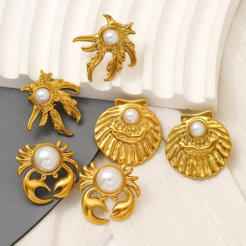 Orecchini A Lobo Serie Oceano Acciaio Inossidabile 304 Placcato Oro 18K Perla Artificial Sintetica Granchio Conchiglia Stile Marino