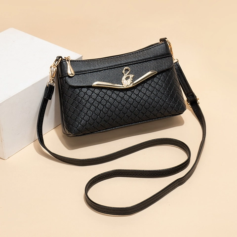 Women Elegant Crossbody Bag Textured PU Leather Rhombic Pattern Golden Swan Artificial Pearl Decor Retro Vintage Shoulder Handbag