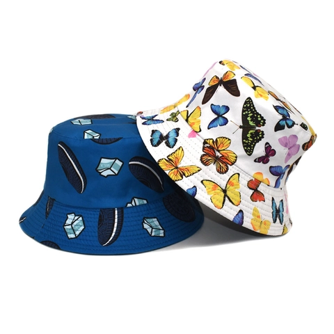 Chapeau Bob Imprimé Papillon Réversible Double Face Protection Solaire Bord Large Extérieur Unisexe Polyester Pêcheur