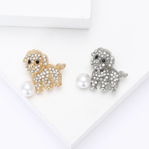 Graziosa Spilla Cane Lega Rhinestone Lucida Pin Animale Con Perla Artificial Sintetica Gioielli Per Uomo Donna Abiti Cappotti