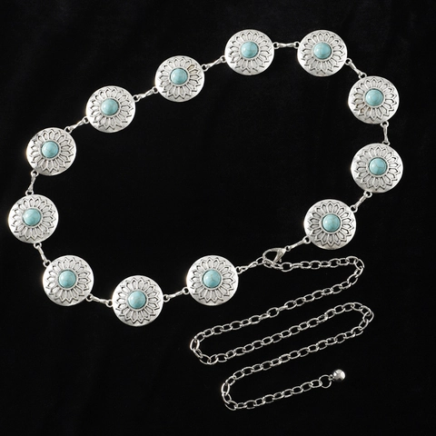 Cintura a Catena in Metallo Argento Etnico Bohemien per Donna Fiori di Sole Intagliati Pietre Turchesi Catena Regolabile
