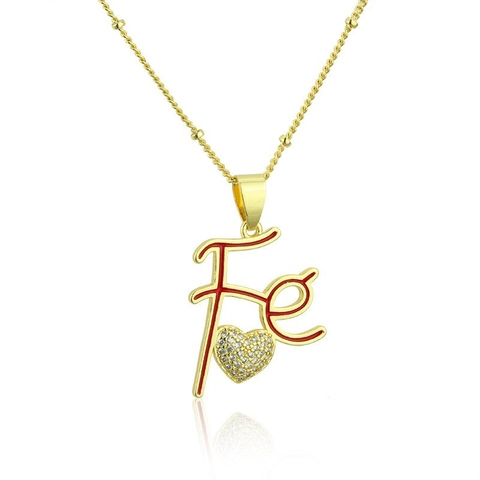 Collar Con Colgante De Corazón Y Letra Fé Bañado En Oro De 18K Cobre Micro Pavé Circón Esmalte Cadena Satélite De Cuentas Para Mujer
