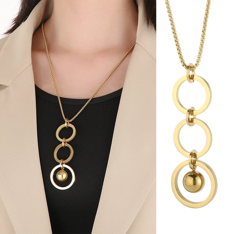 Long Necklace Stainless Steel Three Interlocked Rings Round Bead Pendant Geometric Tassel Box Chain Fashion Jewelry