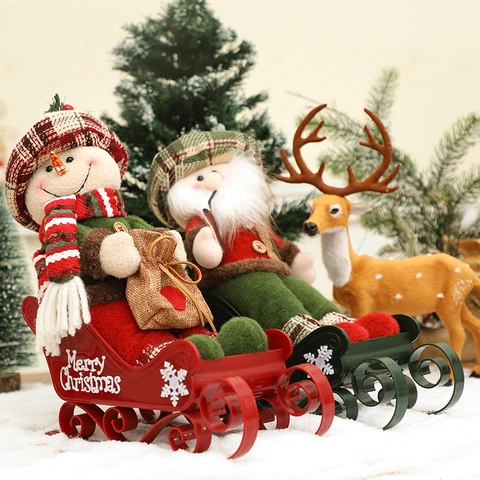 Christmas Sleigh Ornament Santa Snowman Reindeer Figurine Knit Plush Plaid Desktop Decor Holiday Indoor Atmosphere
