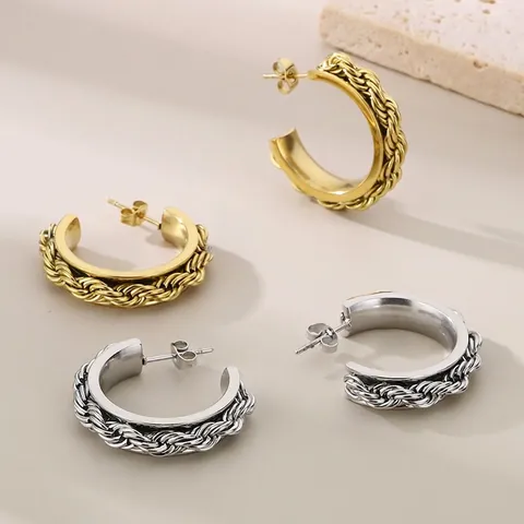 Edelstahl C Form Creolen Gedrehtes Seil Textur Modeschmuck Damen Accessoires