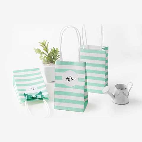 Mini Striped Kraft Paper Gift Bags With Handles Ribbon Bow Thank You Labels For Wedding Party Favors Small Gift Packaging