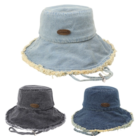 Cappello Alla Pescatora In Denim Distressed Bordo Sfilacciato Tesa Larga Cotone Lavato Protezione Solare Antivento Donna