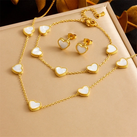 Joyas De Acero Inoxidable Corazón De Concha Blanca Collar Pulsera Y Pendientes Vintage Elegante Para Mujer
