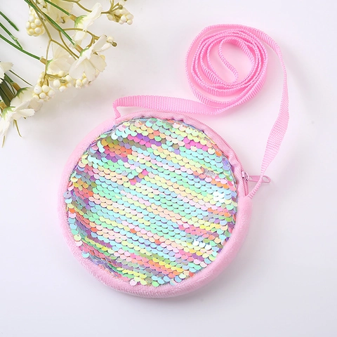 Kids Round Sequin Crossbody Bag Cute Princess Girls Plush Shoulder Purse Mini Glitter Toddler Handbag Mermaid Style