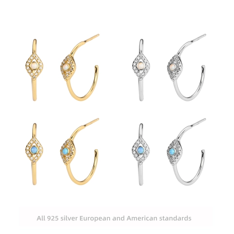 925 Sterling Silver Evil Eye Stud Earrings For Women Gold Silver Plated Blue White Opal Zirconia C-Shaped Fashion Jewelry