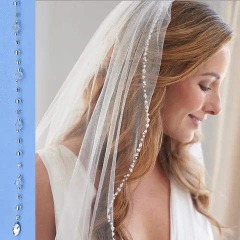 Voile De Mariée Élégant Avec Bordure Perline Strass Tulle Fait Main Accessoire Cheveux Mariage Avec Peigne