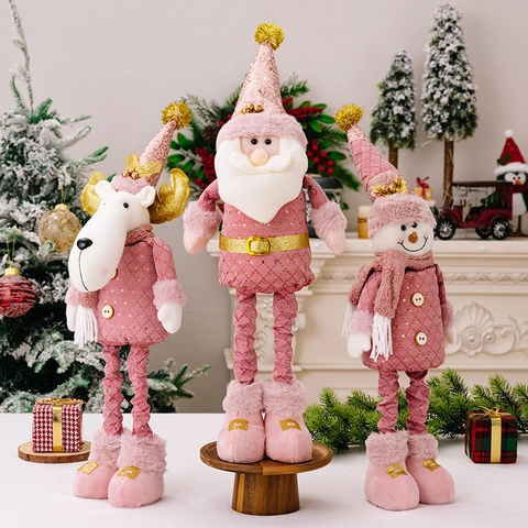 Adornos de Muñecas con Patas Telescópicas de Navidad Rosa Papá Noel Muñeco de Nieve Reno Figuritas de Peluche con Lentejuelas