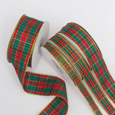 Christmas Plaid Ribbon Gold Edge Red Green Tartan Fabric For Gift Wrapping DIY Bows Holiday Party Decor