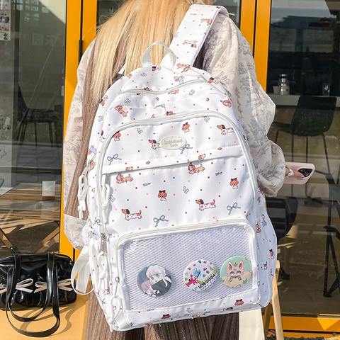 Zaino Carino Con Stampa Cane Bassotto Nylon Grande Capacità Borsa Da Scuola Con Tasca Trasparente Per Spille Ragazze