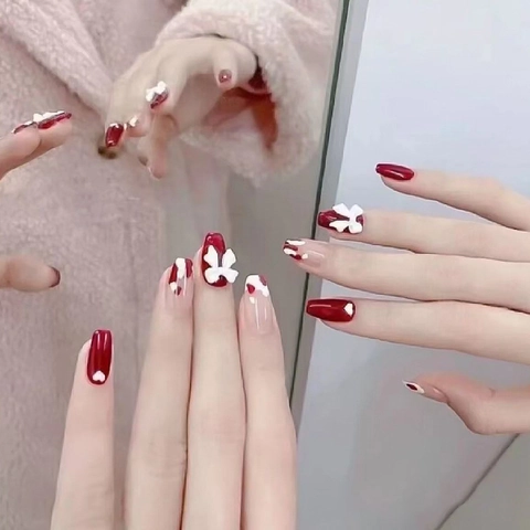 Uñas Postizas Forma Ataúd Con Lazo 3D Y Patrón De Corazón Rojo Blanco ABS Para Mujeres Manicura DIY