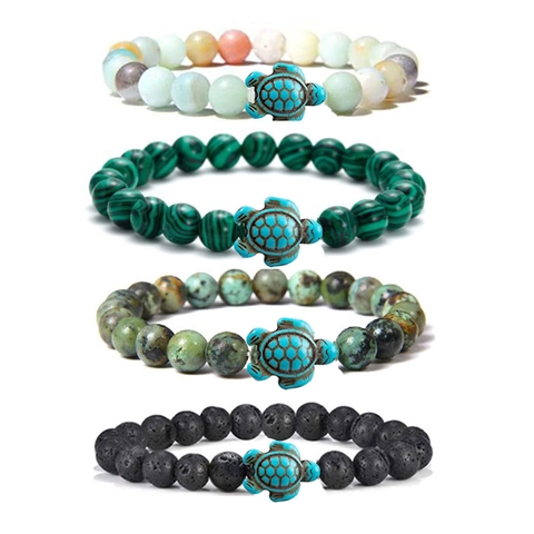 Sea Turtle Beaded Bracelet Natural Lava Stone Tiger Eye Gemstone Elastic Wristband Bohemian Ocean Style Unisex
