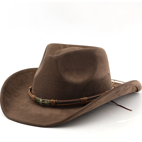 Cappello Cowboy Western Scamosciato Sintetico Tesa Larga Retro Fedora Per Uomo Donna Viaggi All'aperto Protezione Solare Arredo Metallo