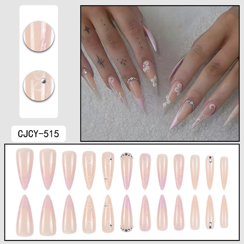 Lange Stiletto Plaknagels Roze Verloop Met 3D Witte Bloemen Strass Glitter Glanzende Kunstnagels Voor Dames