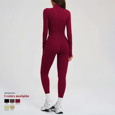 Giacca Da Yoga E Leggings Da Donna Nylon Spandex Collo Alto Cerniera Vita Alta Incrociata Vestibilità Aderente Effetto Nudo