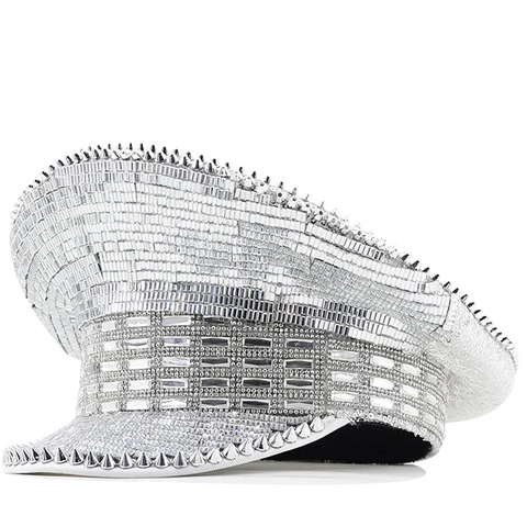 Silver Sequin Rhinestone Captain Hat Punk Studded Rivet Stage Performance Party Carnival Women Sparkly Glam