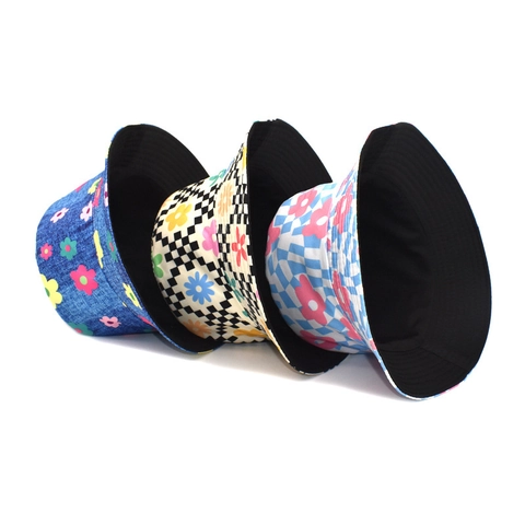 Vissershoed Omkeerbaar Polyester Bloemenprint Schaakbord Brede Rand Zonbescherming Modieus Zomer Buiten Vrouwen