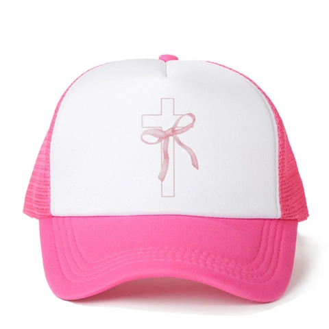 Berretto Trucker Y2K Baseball Poliestere Mesh Traspirante Rosa Croce Fiocco Stampa Regolabile Cappello Da Sole
