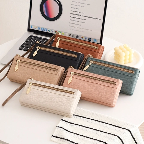 Damen Lange Geldbörse PU Leder Schachbrettmuster Große Kapazität Viele Kartenfächer Handheld Clutch Mit Handschlaufe