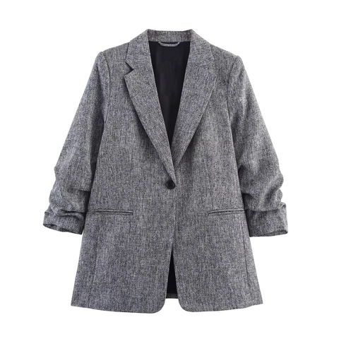 Dames Casual Blazer Inkeping Revers Enkele Knoop Halflang Geplooide Mouwen Tweed Getextureerde Jas