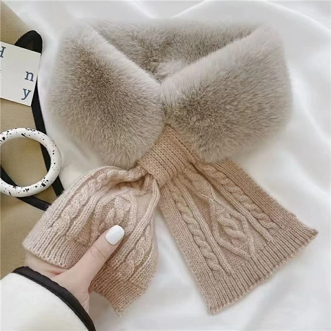 Winter Halswärmer Spleiß Kunstpelz Und Zopfstrick Schal Dick Warm Winddicht Koreanische Mode Kreuz Stil Für Damen