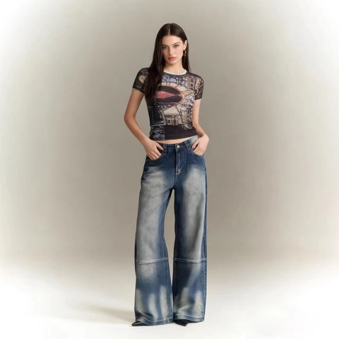 Dames Vintage Distressed Wide Leg Jeans Katoen Denim Washed Retro Vleugel Print Achterzak Casual Streetwear