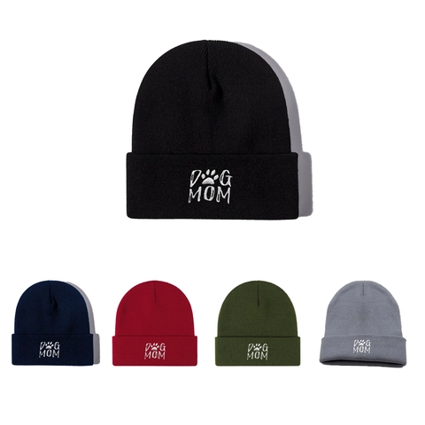 Gorro De Punto Acrílico Bordado Dog Mom Huella De Pata Con Vuelta Cálido Color Sólido Invierno Casual