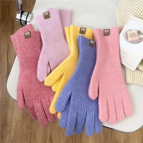 Polyester Knit Gloves Solid Color Thermal Five Finger Winter Warm Ribbed Outdoor Casual Unisex