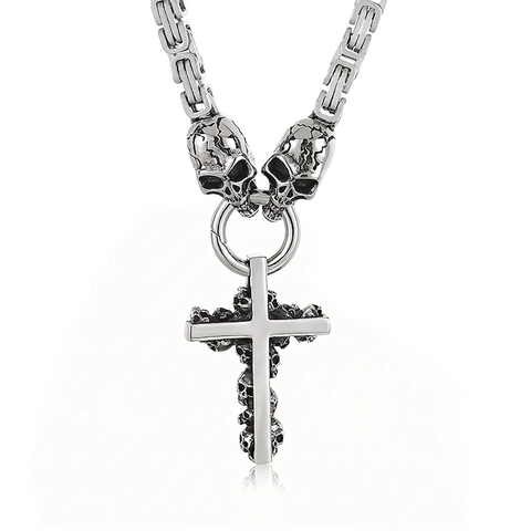 Men Titanium Steel Pendant Necklace Gothic Punk Skull Cross Carved Byzantine Chain Biker Rock Jewelry Heavy Metal Style