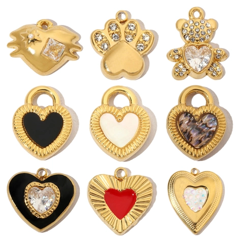 Stainless Steel Heart Bear Paw DIY Pendant Charms With Zircon Shell Enamel For Necklace Bracelet Jewelry Making Women