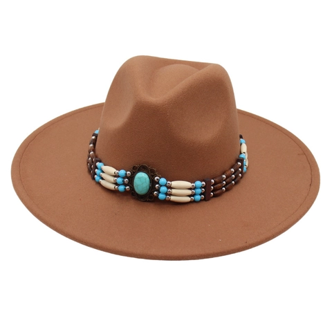 Wide Brim Fedora Hat With Turquoise Bead Band Ethnic Style Wool Felt Jazz Hat Bohemian Western For Men Women