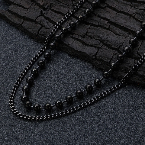 Double Layer Necklace Black Stainless Steel Bead And Cuban Chain Vintage Retro Layered Jewelry Unisex