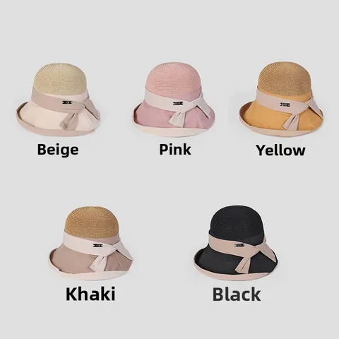 Women's Summer Spliced Straw Fabric Sun Hat Elegant Dome Sunshade Bucket Hat With Bow Breathable Foldable Wide Brim Beach Hat