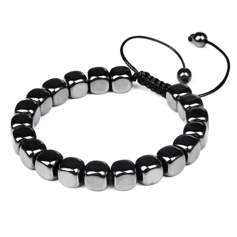Hematite Beaded Bracelet Adjustable Braided Rope Energy Stone Retro Metallic Luster Geometric Jewelry For Men