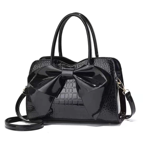 Women Fashion Handbag Crocodile Pattern PU Leather Large Bow Shoulder Crossbody Bag Elegant Top Handle Purse For Daily Travel