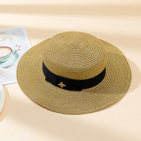 Vintage Gouden Boater Hoed Met Bijen Decor Dames Stro Zonbescherming Brede Rand Strand Vakantie Opvouwbaar Platte Hoed
