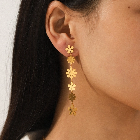 Bloemen Lange Kwastje Oorbellen 18K Verguld Roestvrij Staal Chique Dainty Bloem Druppel Sieraden Voor Dames