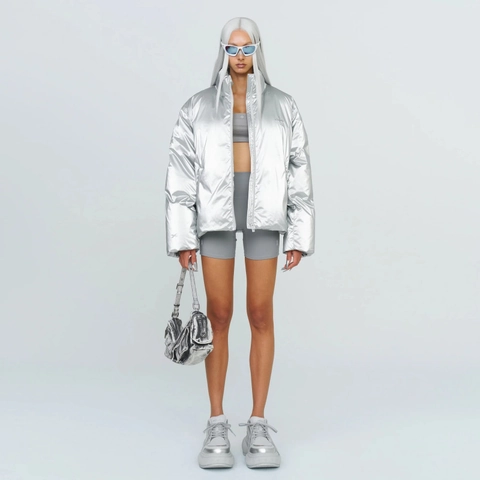 Damen Daunenjacke Silber Metallic Glänzend Stehkragen Warm Streetwear Oberbekleidung Winter Reißverschluss Mantel