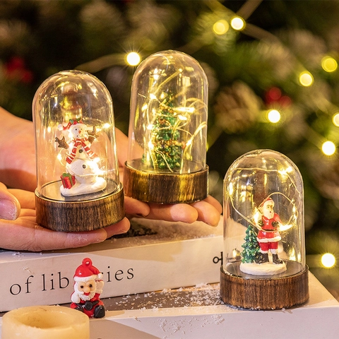 Christmas Glass Dome Night Light LED Miniature Santa Snowman Tree Resin Ornament Wood Grain Base Desktop Holiday Gift