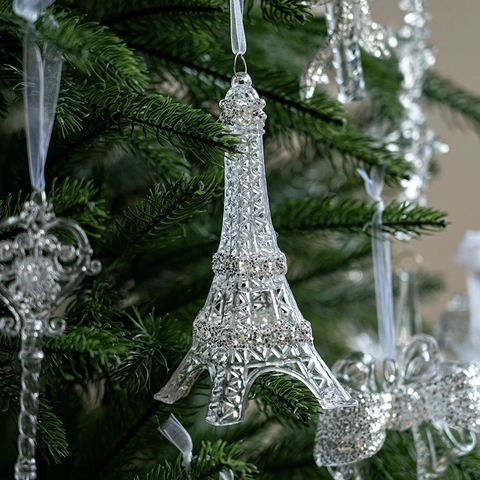 Christmas Tree Hanging Ornaments Clear Acrylic Silver Glitter Sparkling Crystal Effect Holiday Party Decoration Pendants