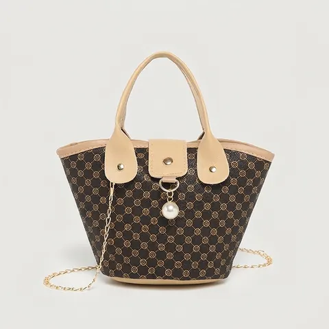 Damen Mini PU Leder Handtasche Mit Künstliche Perlenanhänger Kuhmuster Umhängetasche Eimer Tasche Gold Kette Mode Retro Tote Bag