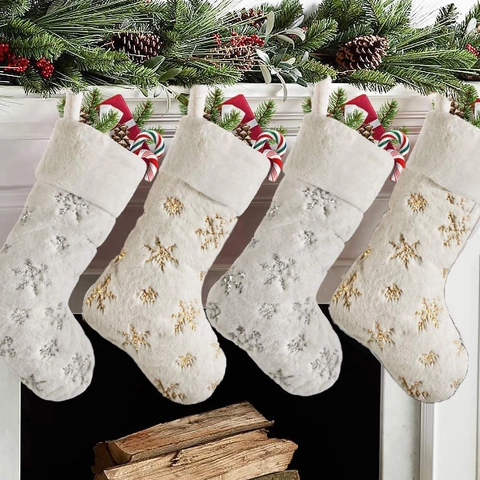 Christmas Stocking Faux Fur Plush Snowflake Embroidery Hanging Socks For Holiday Fireplace Party Decor White Gold Silver