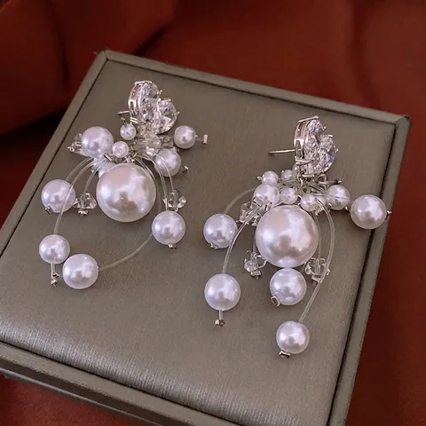 Orecchini A Nappa Grappolo Künstliche Perle Imitazione Cuore Zircone Con Perno In Argento Stile Vintage Francese Elegante