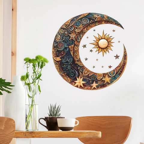 Wandtattoo Sonne Mond Sterne PVC Abnehmbar Boho Mandala Relief Aufkleber Für Wohnzimmer Schlafzimmer Deko